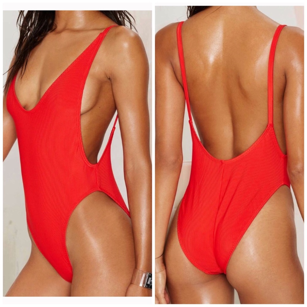 Nasty Gal • Alina Red Ribbed Low Back One Piece - Picture 2 of 8